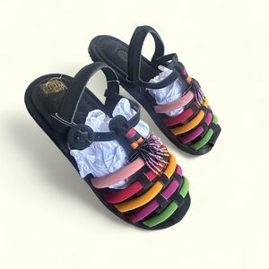 Farm Rio NEW Black Rainbow Beaded vegan sandals with dust bag size 9 tassels